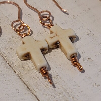 Handmade Dangle Cross Earrings, Reconstituted Howlite, Copper wire - image4